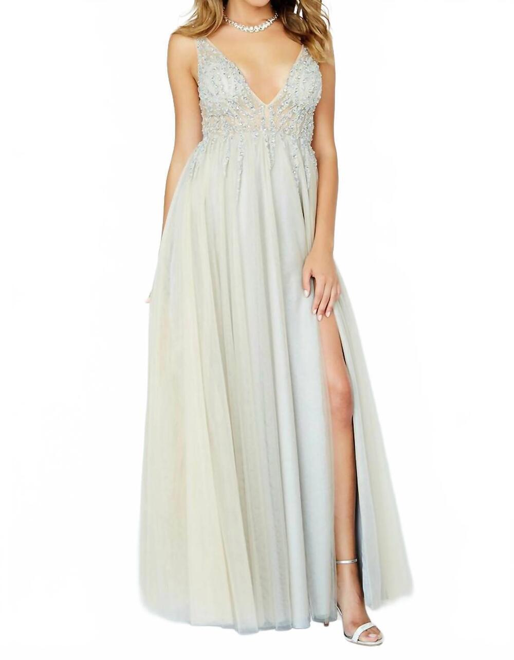 NEW JOSH & JAZZ tulle v neck prom dress in grey/nude